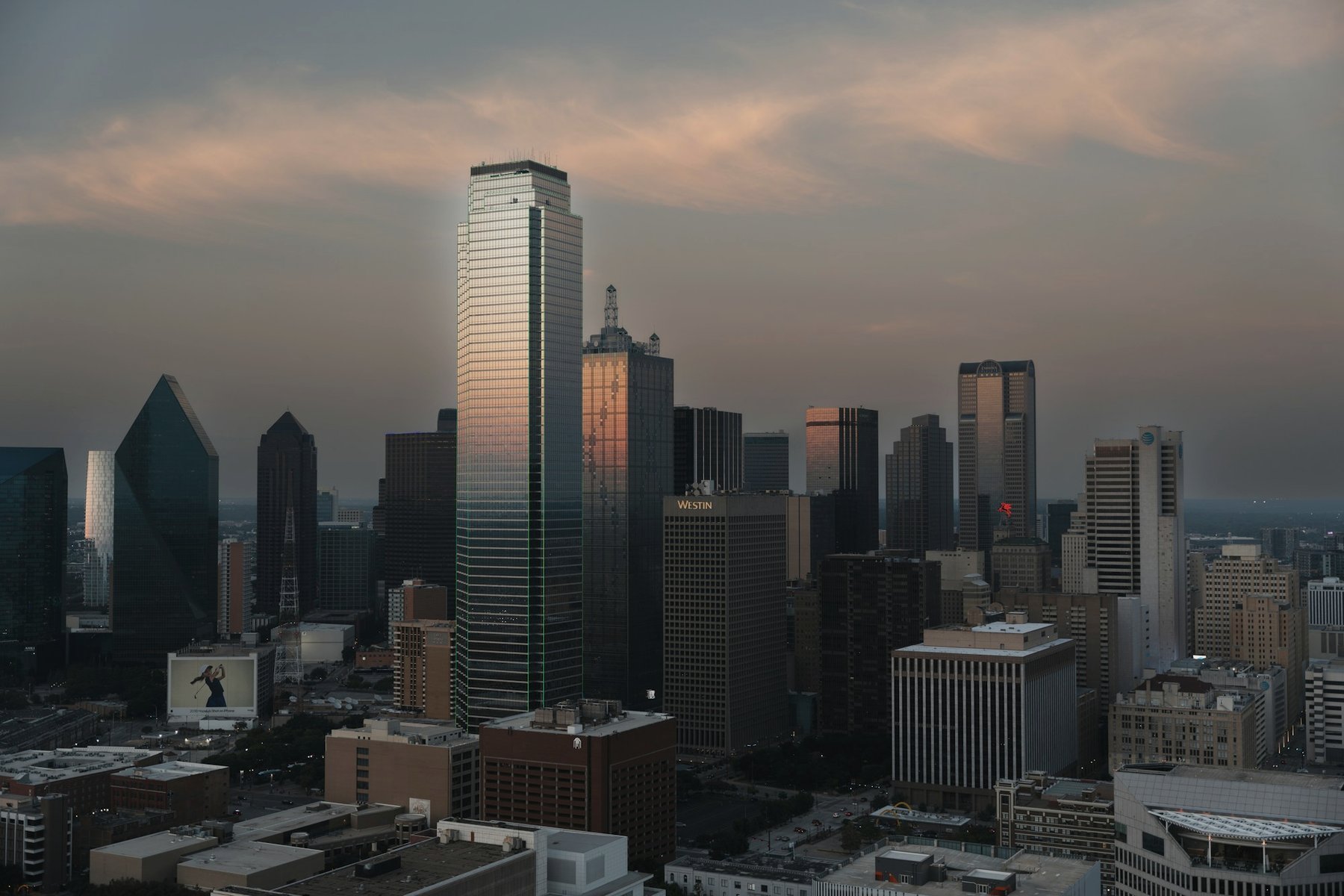 Downtown Dallas high-rises at dusk